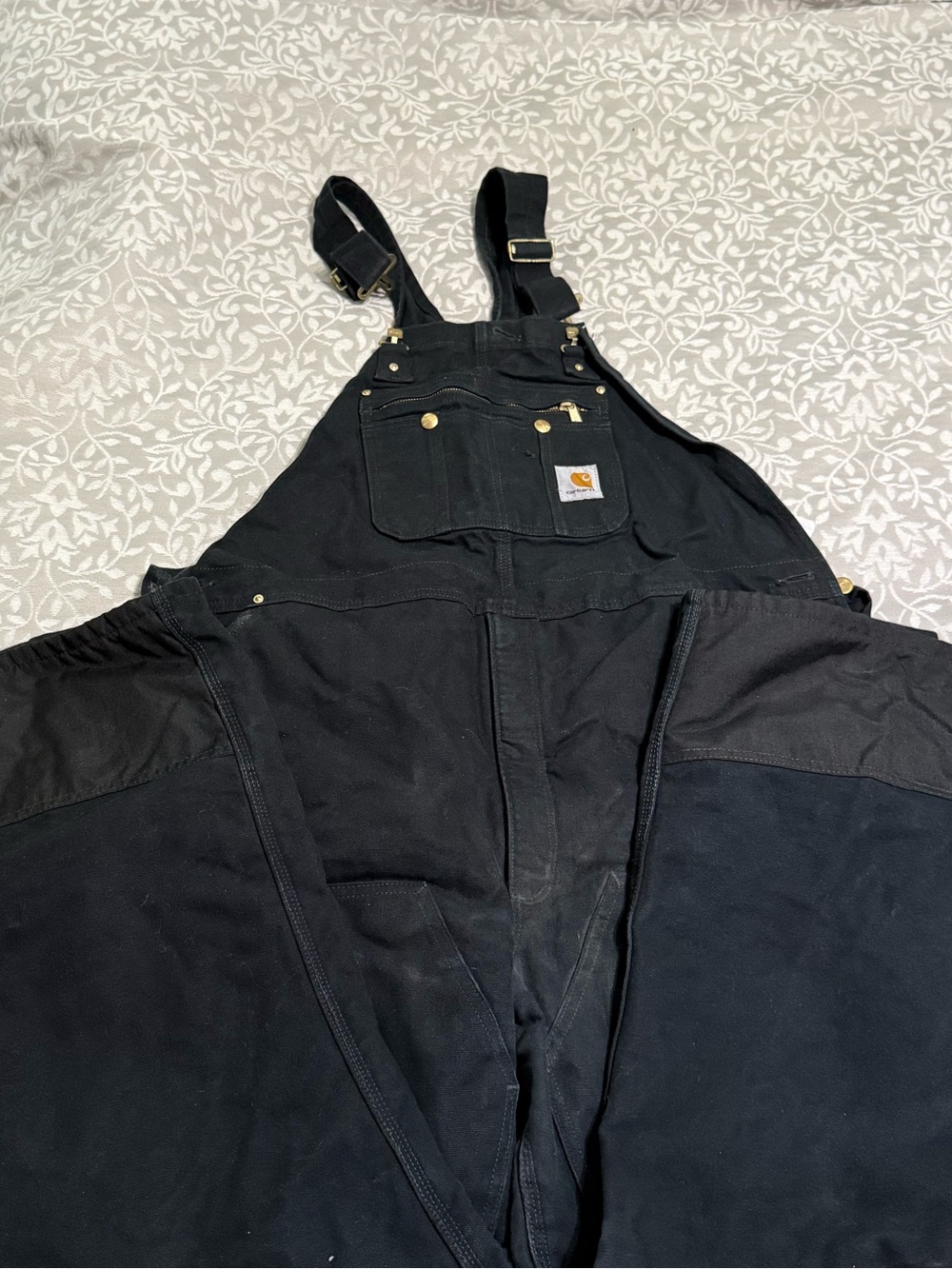 Carhartt Black Overalls with Red Lining and Brass Buttons
